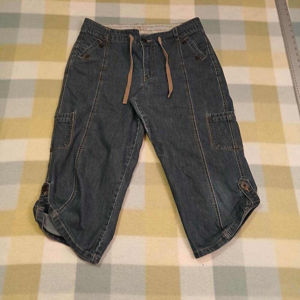 Rider Copper capri jeans 11/12 medium 6 pocket blue cotton blend draw string